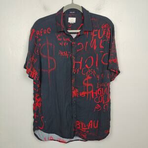 Ksubi Printed Button Up Shirt Mens Medium Black Red Scribble Writing‎ Viscose